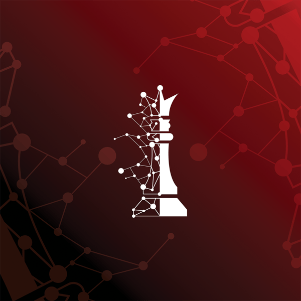 Image of a white queen chess piece being formed from complex node interactions in front of a gradient background of black shifting to red.