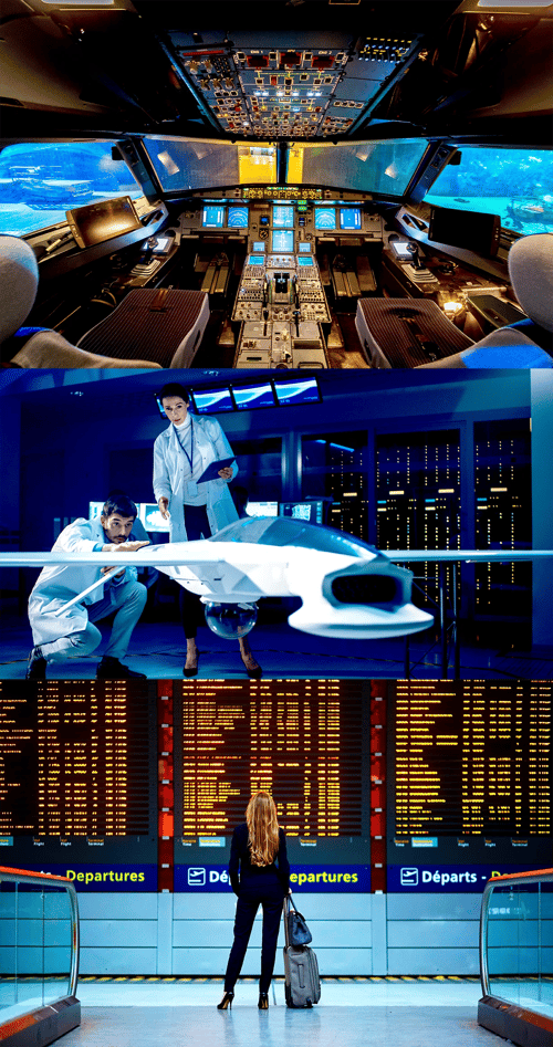 An empty airline cockpit, above two aeronautical engineers analyzing an airframe, above a female steward looking at airport departure boards.