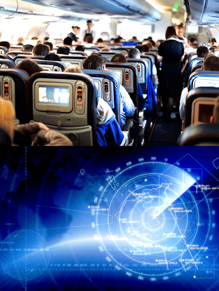 Image of the interior of a full airline flight with people in seats above an image of a radar screen.