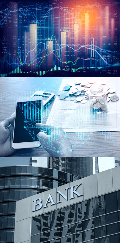 A collage of financial images, the top being many chart overlays, the middle is a mobile phone with money and charts, the bottom is a bank building.