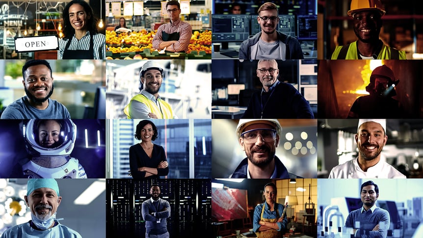 A collage of 16 photos of diverse professionals from different industries and backgrounds.