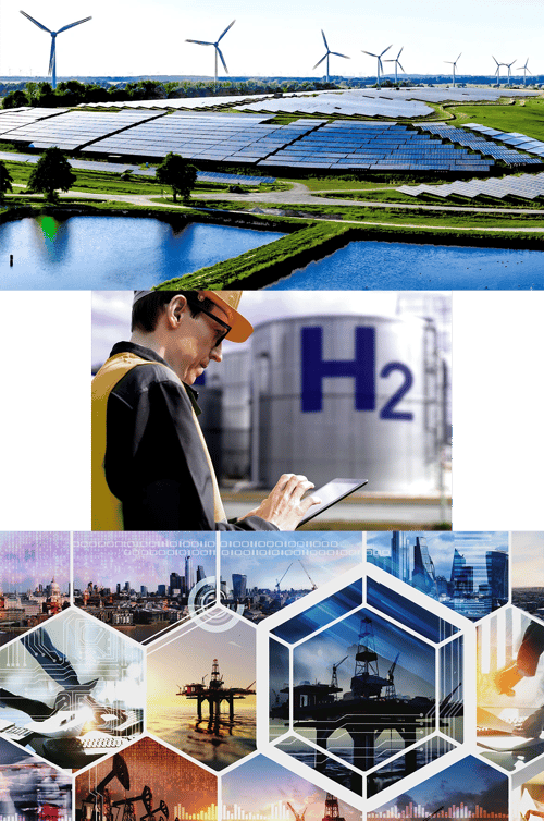 Collage of a solar and wind farm, a man looking at a hydrogen fuel tank, and a honeycomb of images from oil & gas platforms, wells, & pumps.