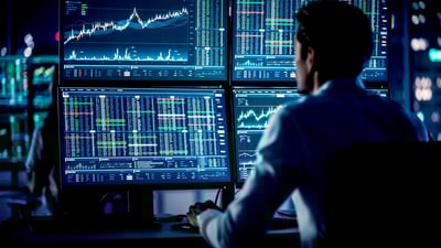 A trader or investor looking at multiple computer screens showing stock market ticker data and index price lists.