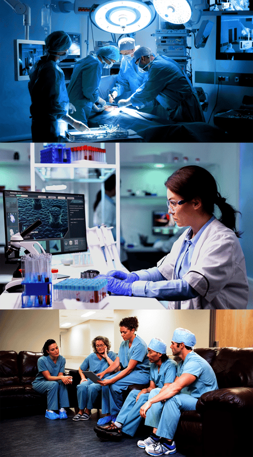 Three images, an operating room with four surgeons at work, a lab assistant analyzing lab samples, and a team analyzing results.