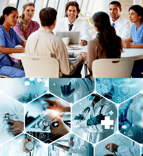 A collage of healthcare professionals and partners meeting at a table above a honeycomb of healthcare images of various medical devices.