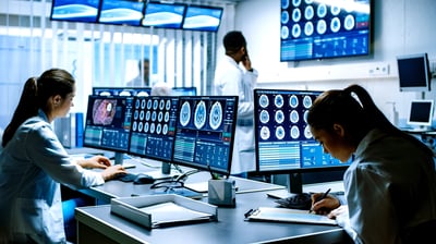 Healthcare imaging professionals looking at MRI snapshots on various computer monitors.