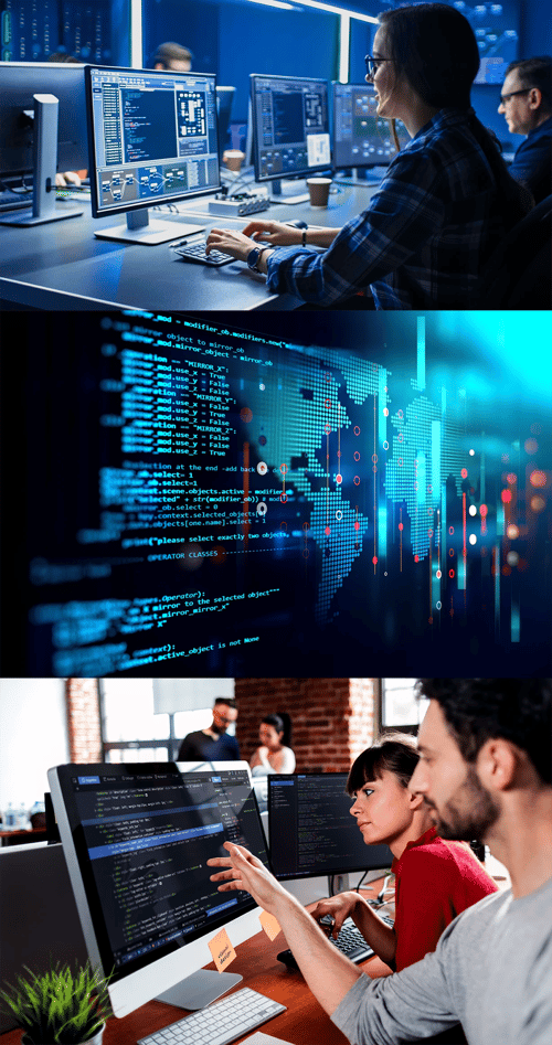3 images, top and bottom are software teams working on code, the middle is a collage of code and digitized images of the world.