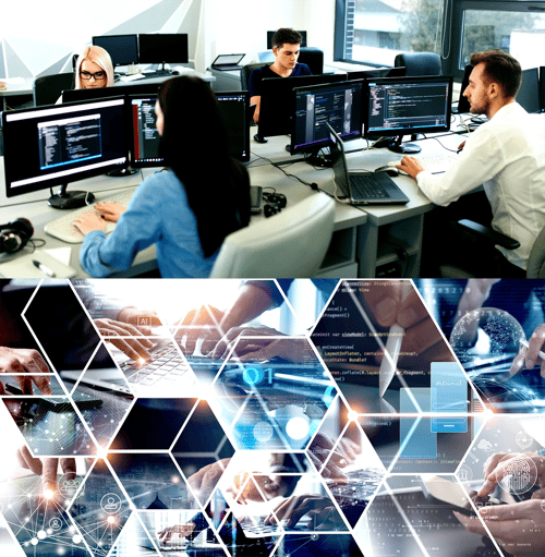 2 stacked images. First image is a software development team at work in an office. The second is a collage of technology and hands.